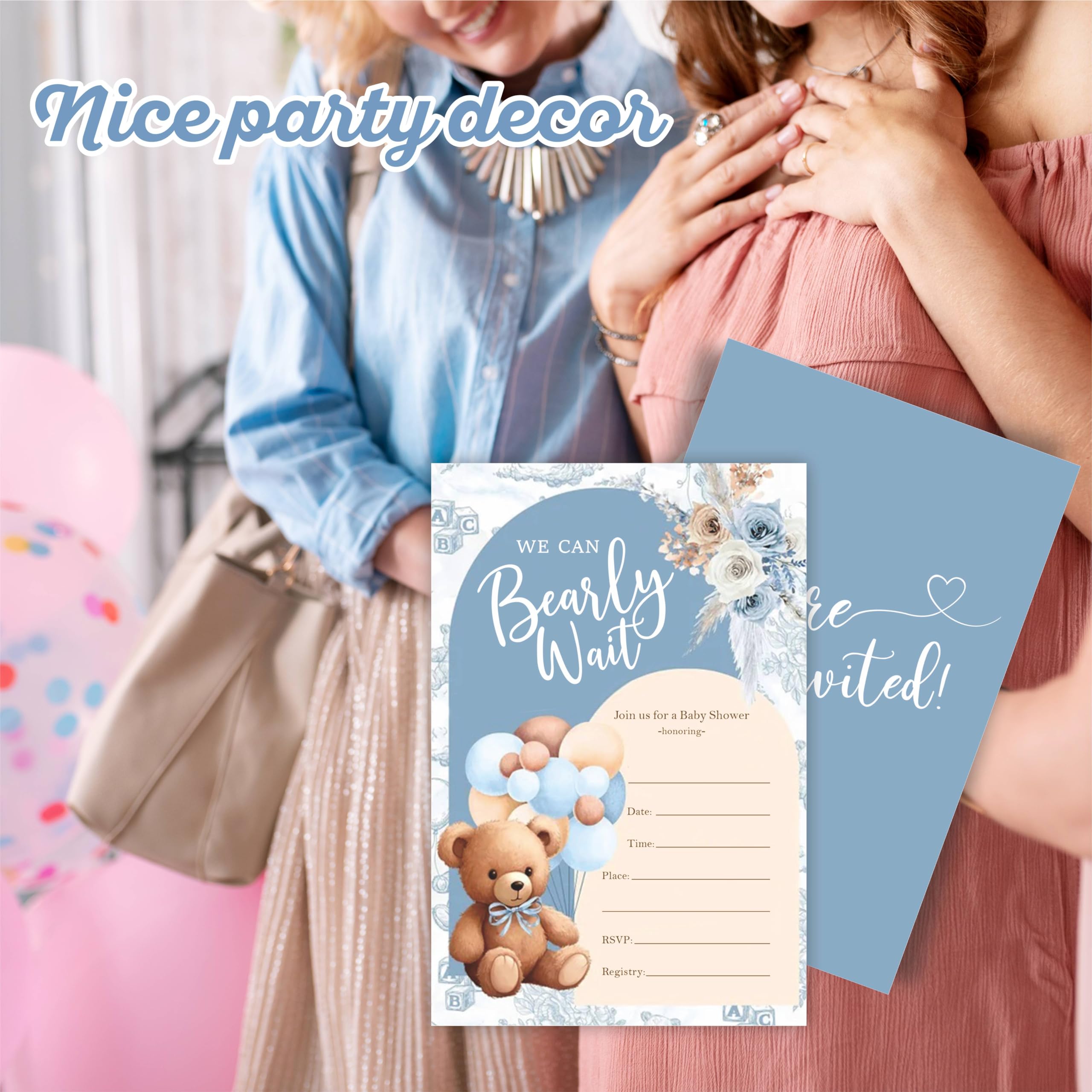 We Can Bearly Wait Baby Shower Invitation, 20 Blue Boho Floral & Bear Balloon Fill-In Invites With Envelopes, For Boys And Girls Baby Announcement, Gender Reveal Party Supplies & Decorations - B03