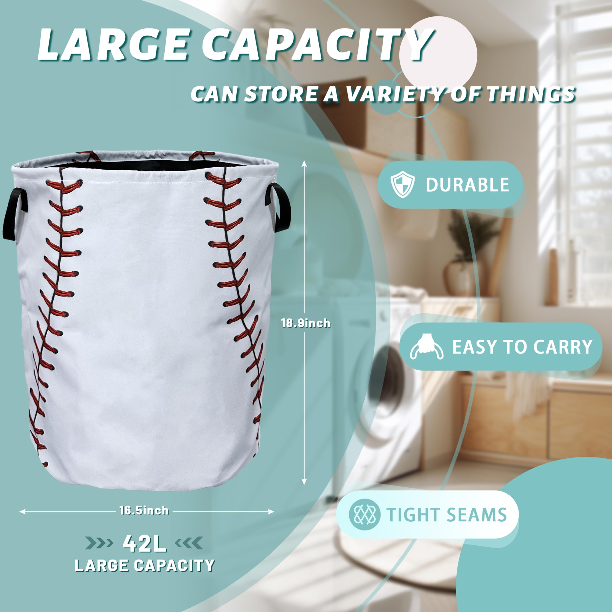 Baseball Texture Pattern Laundry Basket Foldable With Handles Tote Bag Oxford Cloth Funny Laundry Hamper Clothes Storage Bucket Toy Organizer 18.9" x 16.5" For Bathroom/Laundry/Bedroom