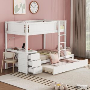 harper & bright designs twin over twin bunk beds with desk, storage drawers and trundle, wooden bunk bed frame with charging station for kids teens, girls boys, white