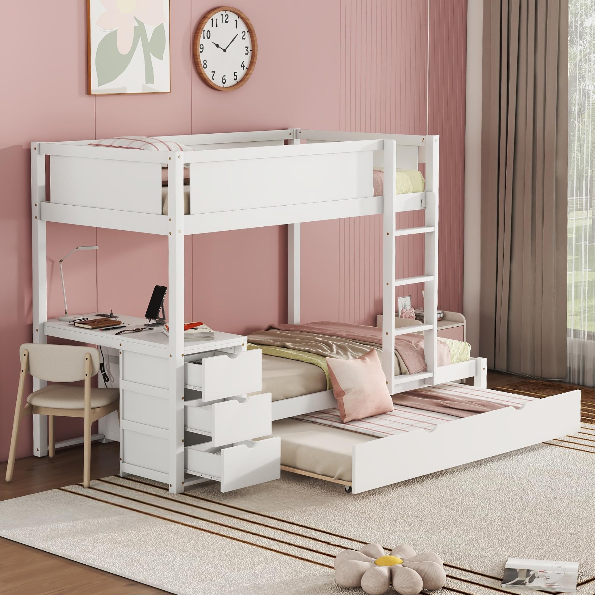 Harper & Bright Designs Twin Over Twin Bunk Beds with Desk, Storage Drawers and Trundle, Wooden Bunk Bed Frame with Charging Station for Kids Teens, Girls Boys, White