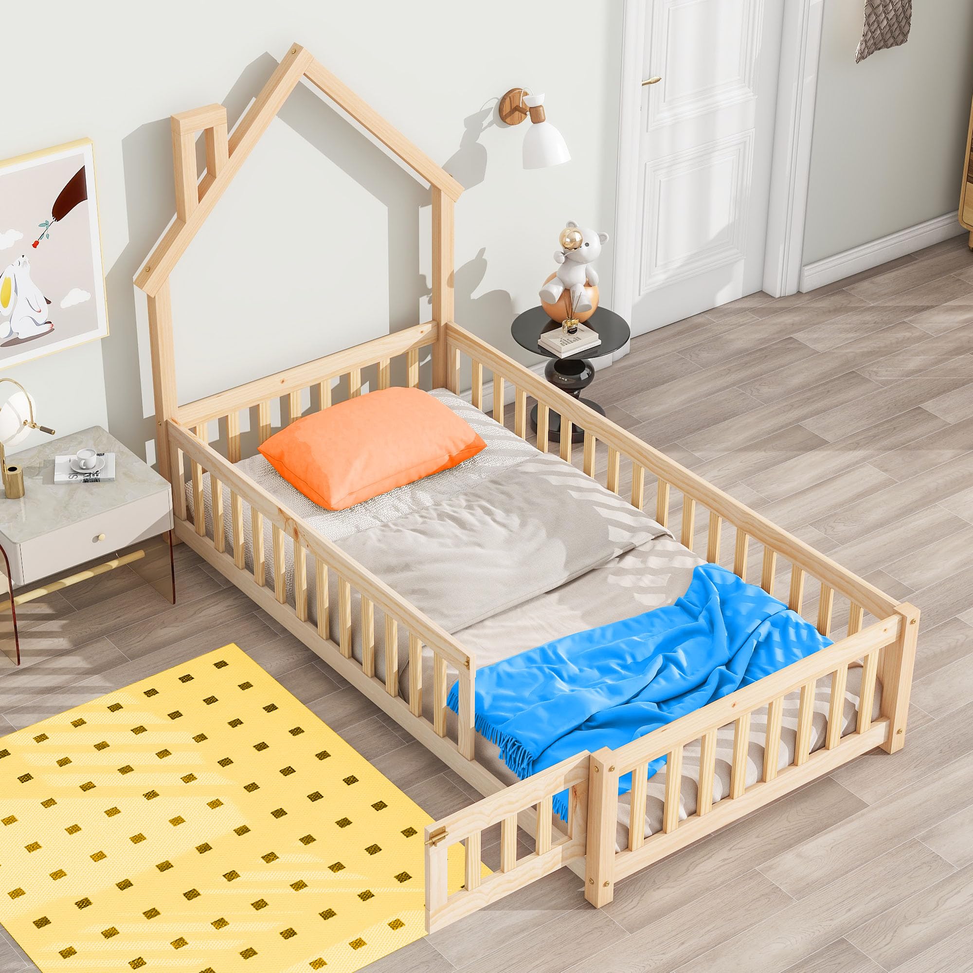 MWrouqfur Wooden Toddler Floor Bed Frame,Twin Size Montessori Bed Frame with Fence and Gate Door for Toddlers 1-3 Kids Girls Boys,House-Shaped Headboard (Natural, Twin)