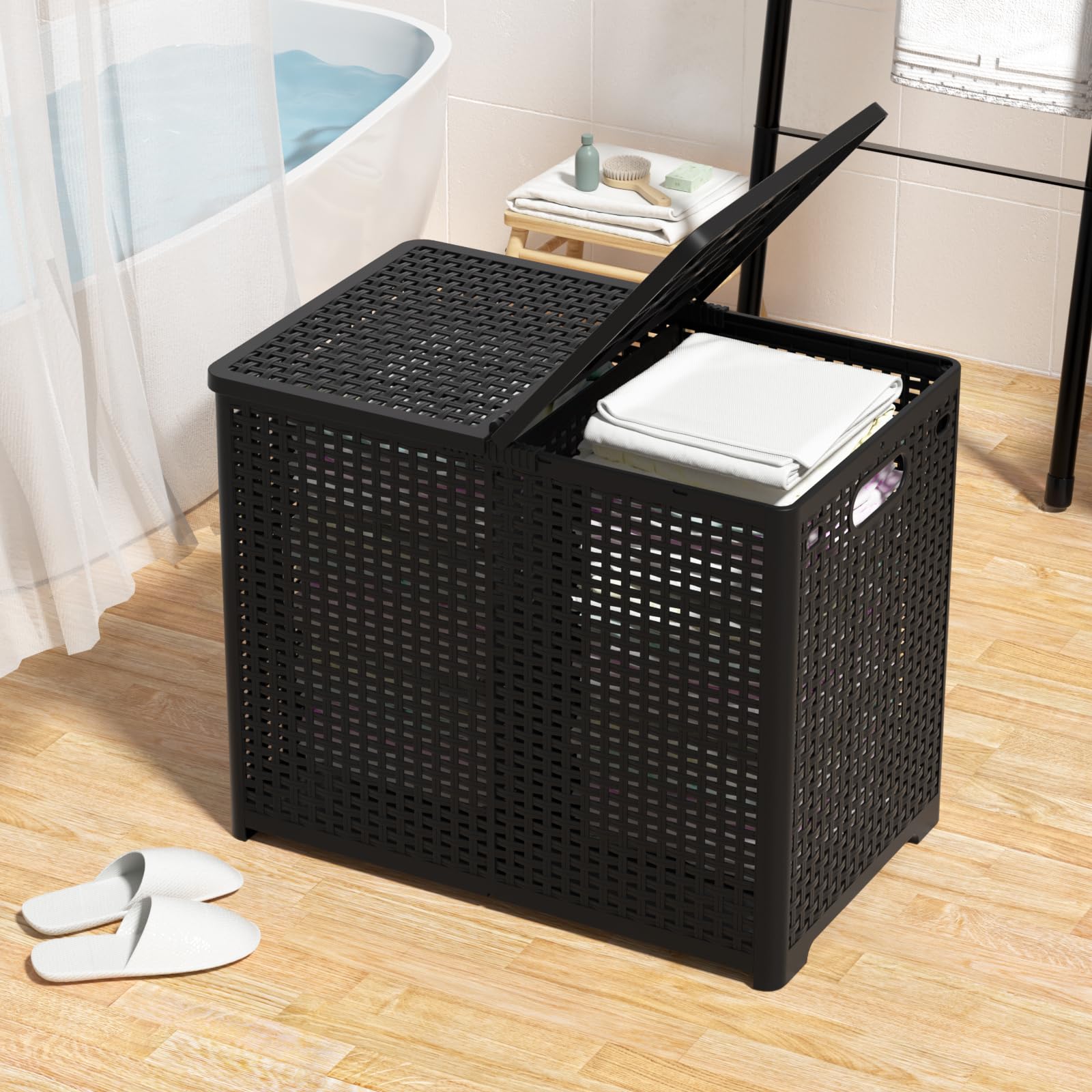 Udotry Plastic Folding 2 Compartments Laundry Hamper, Collapsible 2 Sections Laundry Basket with Lid, Black