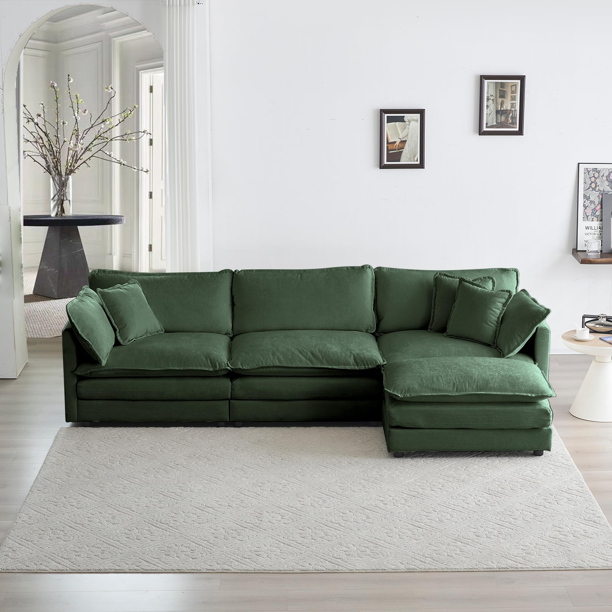 mikibama Modular Sectional Sofa, 111.5 Inch L Shaped Couch Set for Living Room, 3-Seater Comfy Cloud Couches with Movable Ottoman, DIY Combination, Chenille, Evergreen