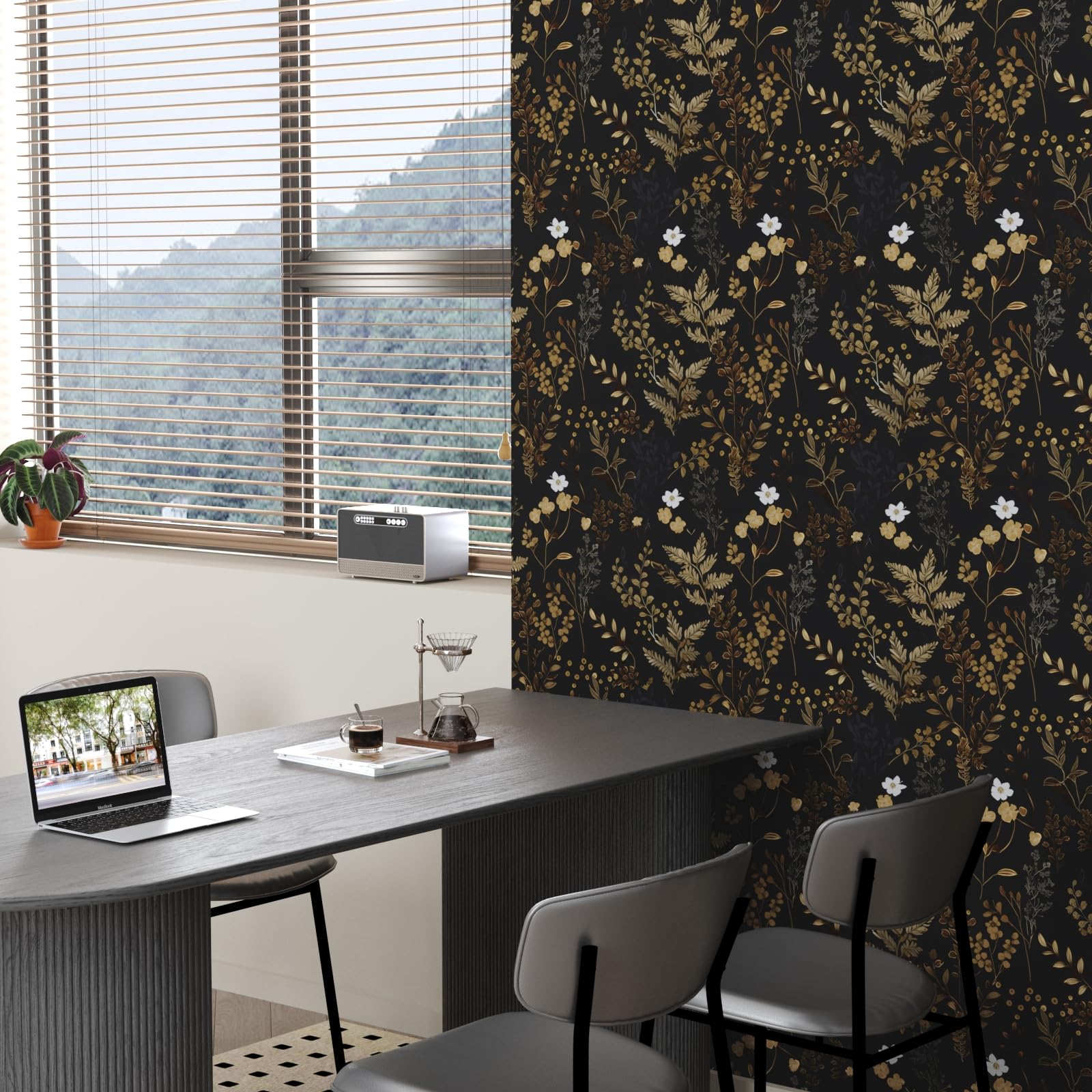 XRUIBZI Black Floral Wallpaper Peel and Stick Wallpaper Leaf Wallpapers Gold Leaf Contact Paper for Cabinets Waterproof Self Adhesive Wall Paper for Kitchen Countertop Wall 17.5" x 393"