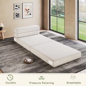 Luoxiao Folding Sofa Bed Single with Pillow, Portable Foldable Sofa Bed for Travel, Camping, Guest, Folding Lounge Chaise with Breathable & Washable Cover, Convertible and Easy to Storage， Off White