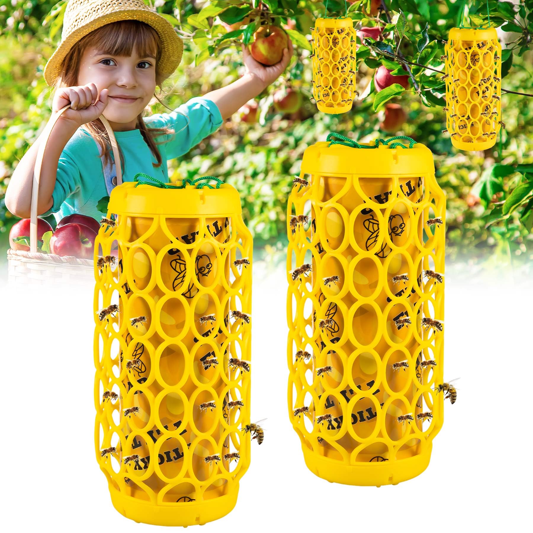 Sticky Fly Traps Outdoor Hanging,Fruit Fly Traps for Indoors,Wasp Trap Bee Traps Catcher,Yellow Jacket Trap,Flying Insect Trap,2 Pack Wasp Deterrent Killer Fly Insect Catcher with 4 Sticky Boards