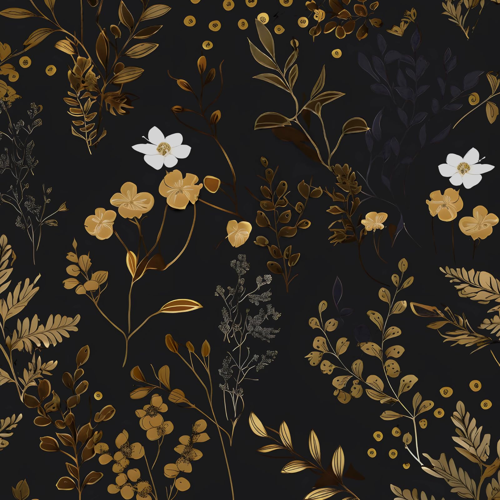 XRUIBZI Black Floral Wallpaper Peel and Stick Wallpaper Leaf Wallpapers Gold Leaf Contact Paper for Cabinets Waterproof Self Adhesive Wall Paper for Kitchen Countertop Wall 17.5" x 393"