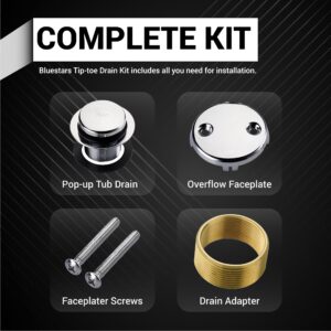 BlueStars Tip-Toe Tub Trim Kit Set with Two-Hole Overflow Faceplate - US Standard Size Fits 1.40"-1.50" Holes - Complete Kit with Fine/Coarse Thread - Universal Bathtub Conversion Kit - Chrome Plated