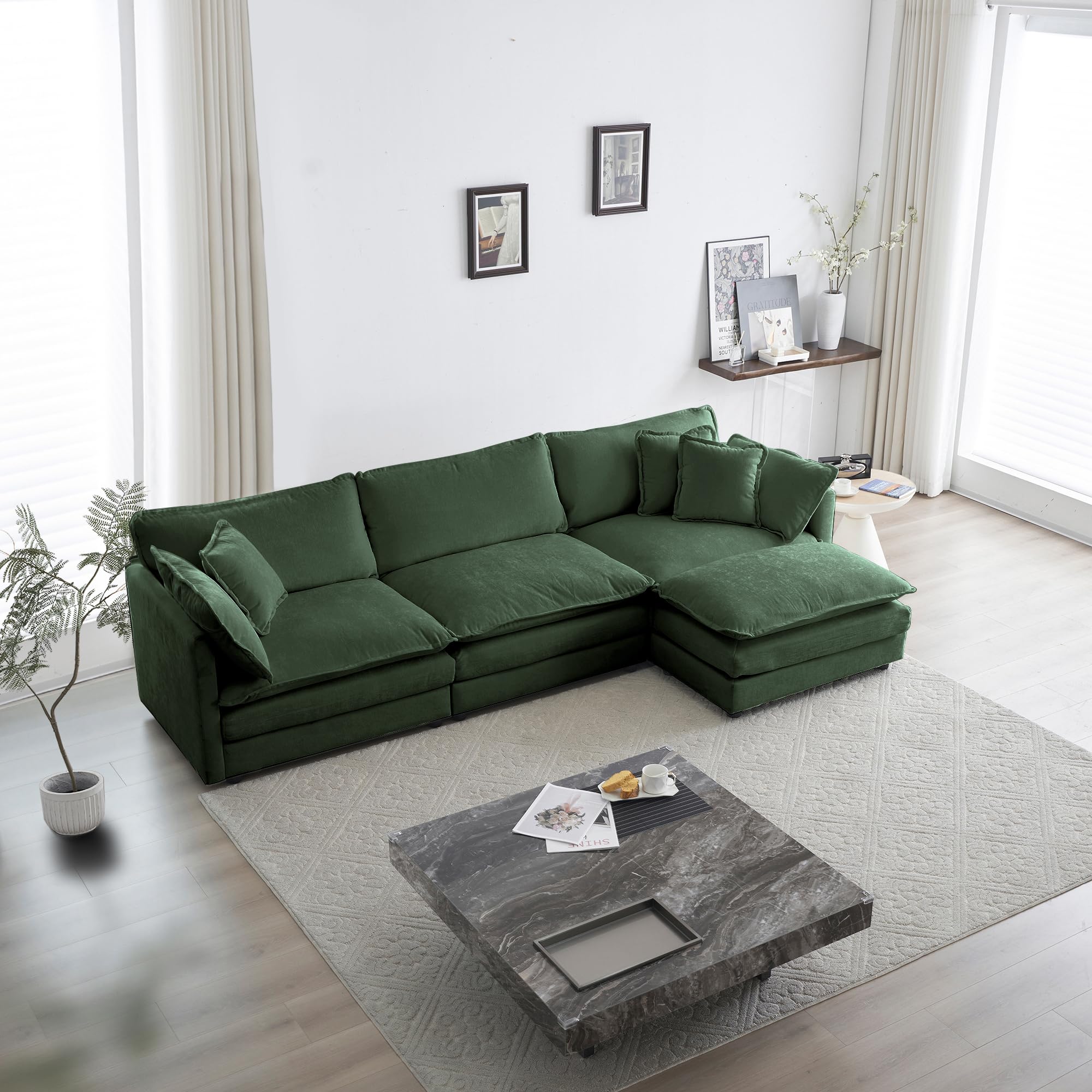 mikibama Modular Sectional Sofa, 111.5 Inch L Shaped Couch Set for Living Room, 3-Seater Comfy Cloud Couches with Movable Ottoman, DIY Combination, Chenille, Evergreen