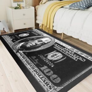 NITUMIR 4×6 Rug for Room Decoration Black and White Money Area Rugs Modern 100 Dollar Bill Rugs for Living Room Non-Slip Runner Rug for Bedroom Office Dining Room, Washable Cash Art Carpet 47”x71”