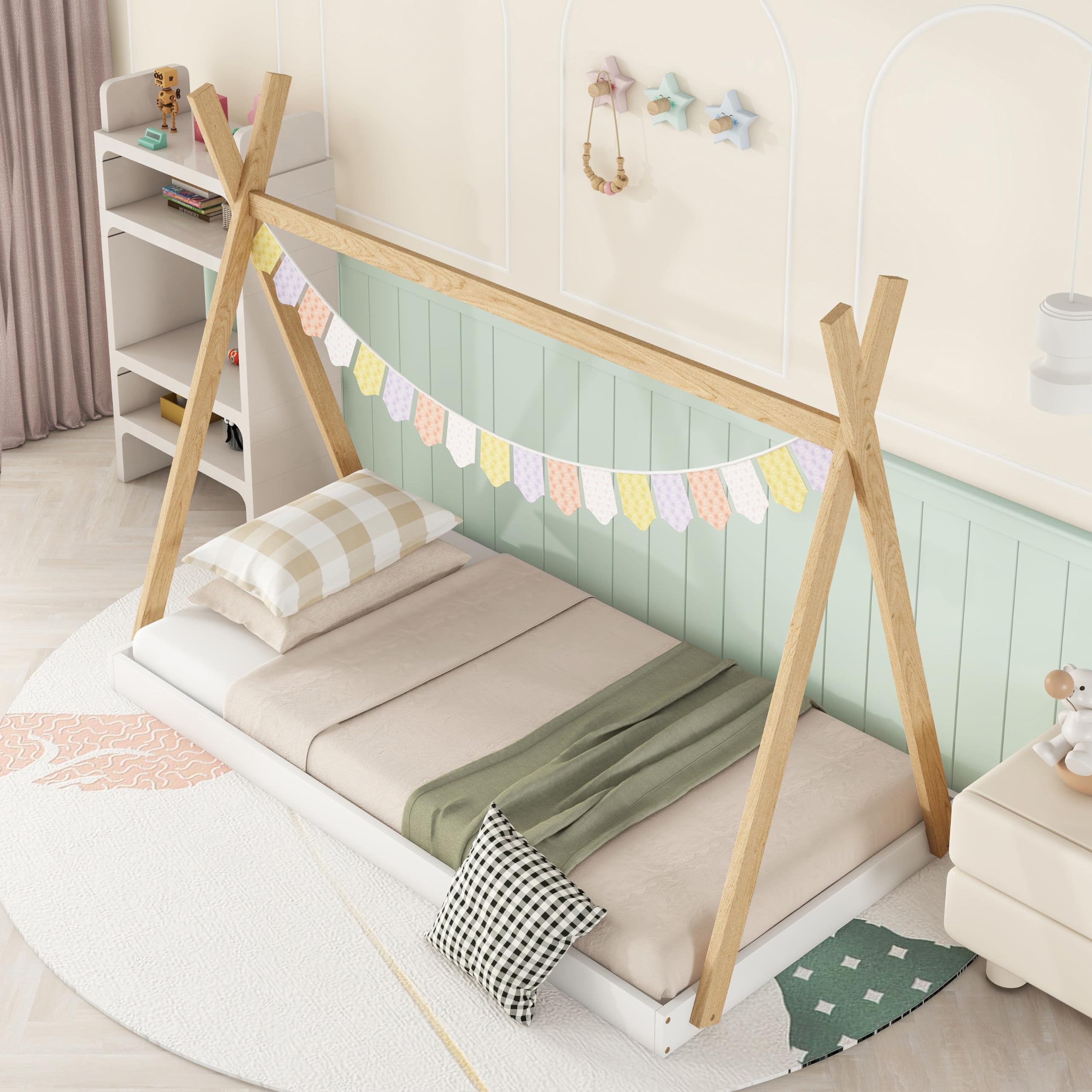 Bellemave Twin Size Tent Floor Bed Frame with Triangle Structure, Teepee Bed Platform Bed for Kids,Montessori Floor Bed for Girls Boys(Twin,White+Natural)