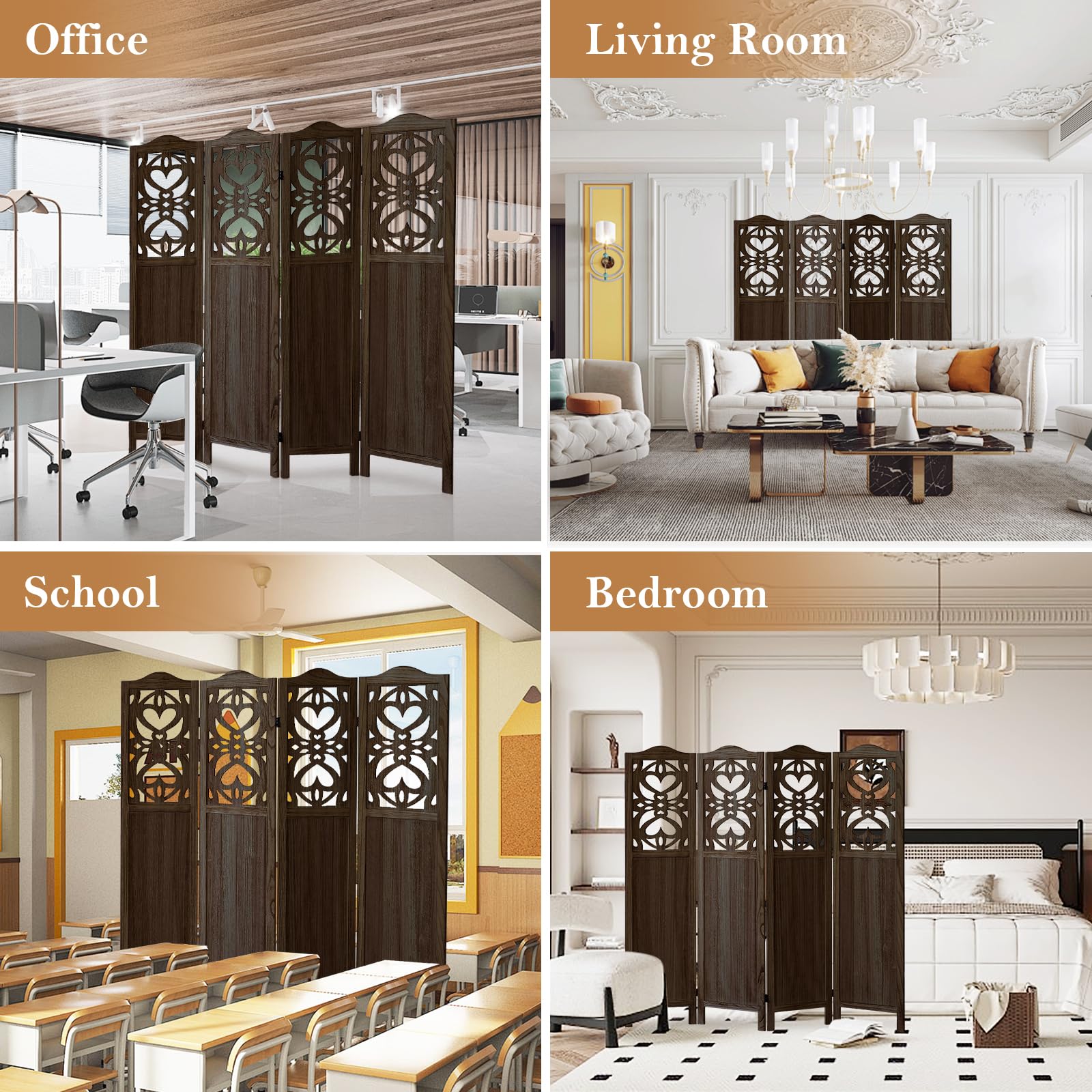 Leesinwing Room Divider, 4 Panel Room Divider, Tung Wood Room Divider Wall, Carved Vault Room Dividers, Rustic Minimalism Room Partition, 5.6Ft Room Dividers and Folding Privacy Screens, Dark Brown