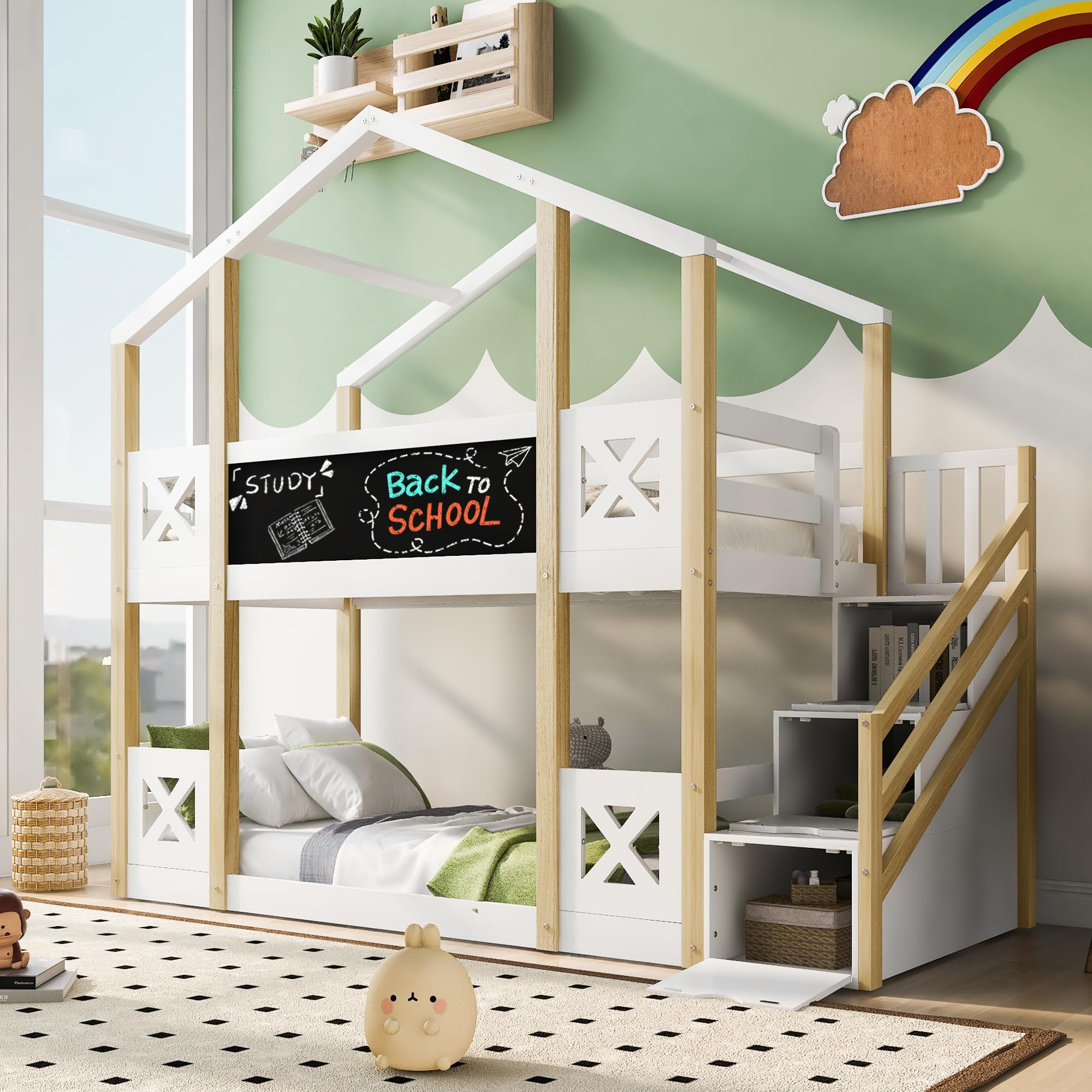 Harper & Bright Designs Twin Over Twin Floor Bunk Bed with Stairs, Wood House Bunk Bed Frame with Storage Staircase and Blackboards, for Kids Girls Boys, White and Natural