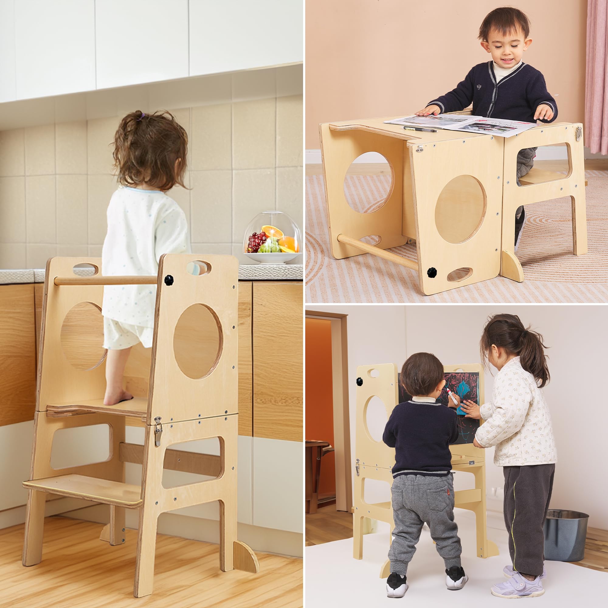 SHWWQUE Toddler Tower Step Stool for Kids Kitchen Stool Helper Toddler Standing Tower Foldable Toddler Table Kids Table and Chair Set 4 in 1 Montessori Helper Tower Natural