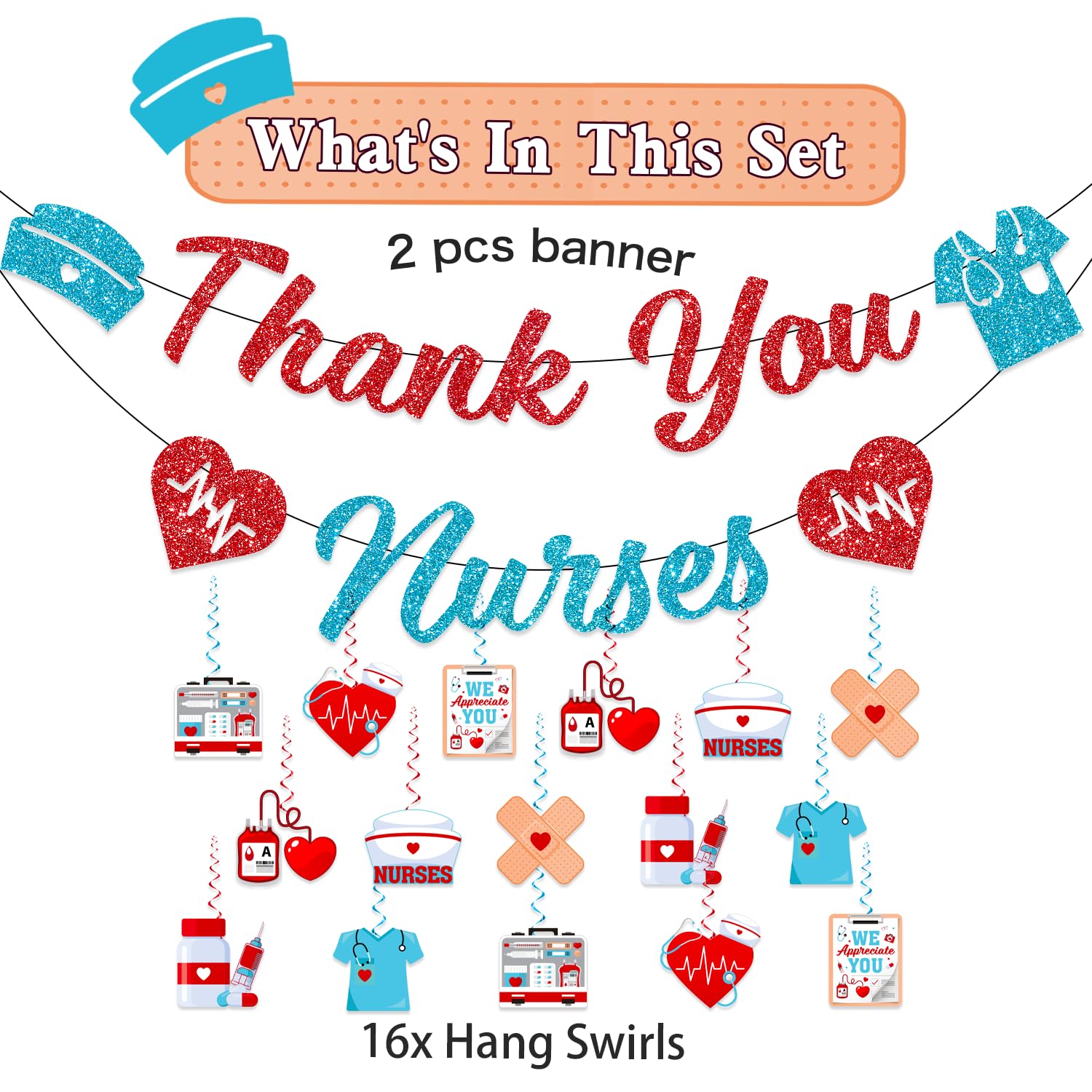 34Pc Nurse Appreciation Decorations, Nurse Party Decorations include Thank You Nurse Banner and 32Pc Happy Nurses Week Decorations Hanging Swirls, Medical Party Decorations for Appreciation Nurse