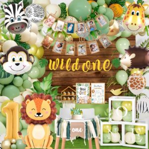 daidle wild one birthday decorations, 1st birthday decorations for boy or girl, first birthday decorations, 1st birthday photo banner, balloon box, jungle theme safari birthday decorations boys girls