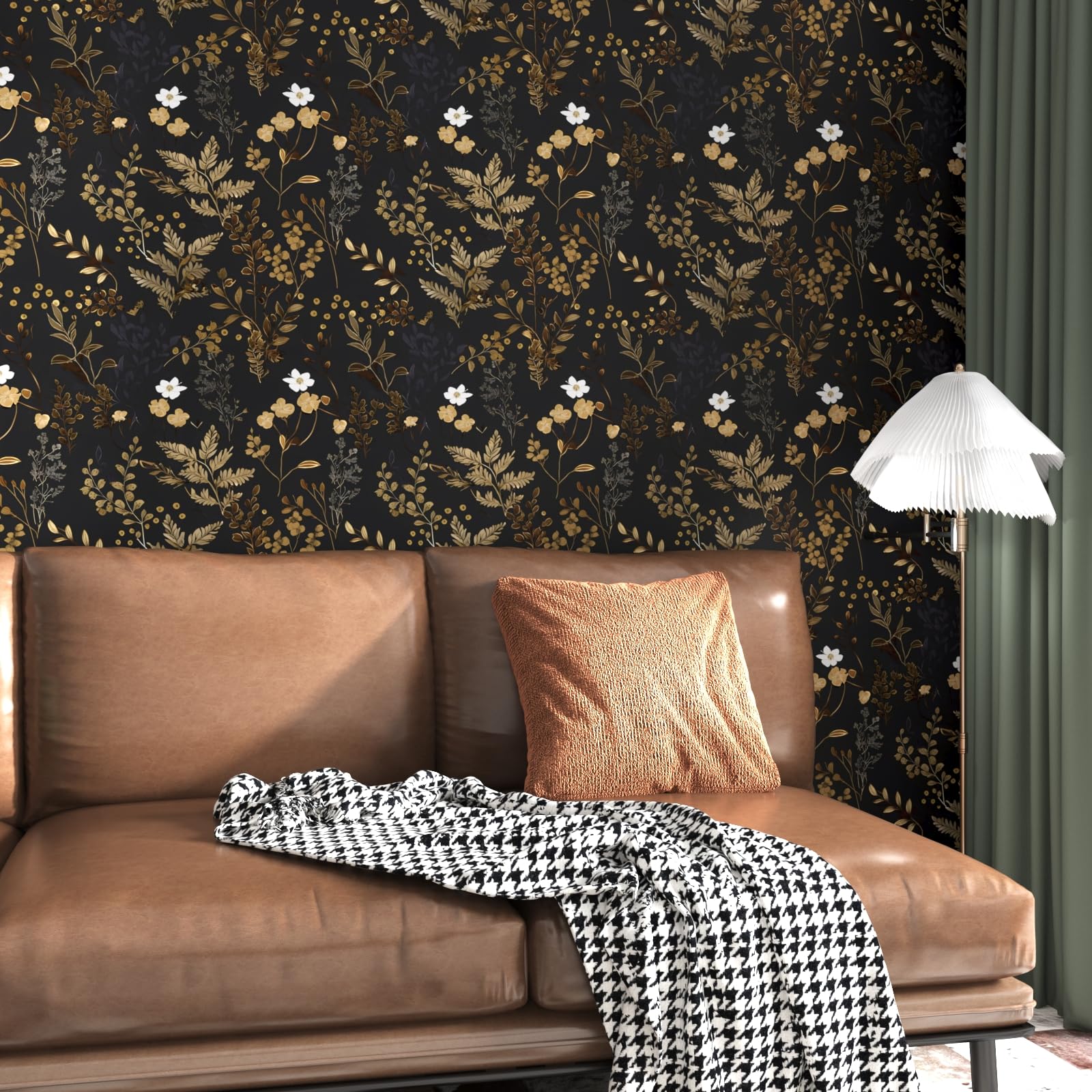 XRUIBZI Black Floral Wallpaper Peel and Stick Wallpaper Leaf Wallpapers Gold Leaf Contact Paper for Cabinets Waterproof Self Adhesive Wall Paper for Kitchen Countertop Wall 17.5" x 393"