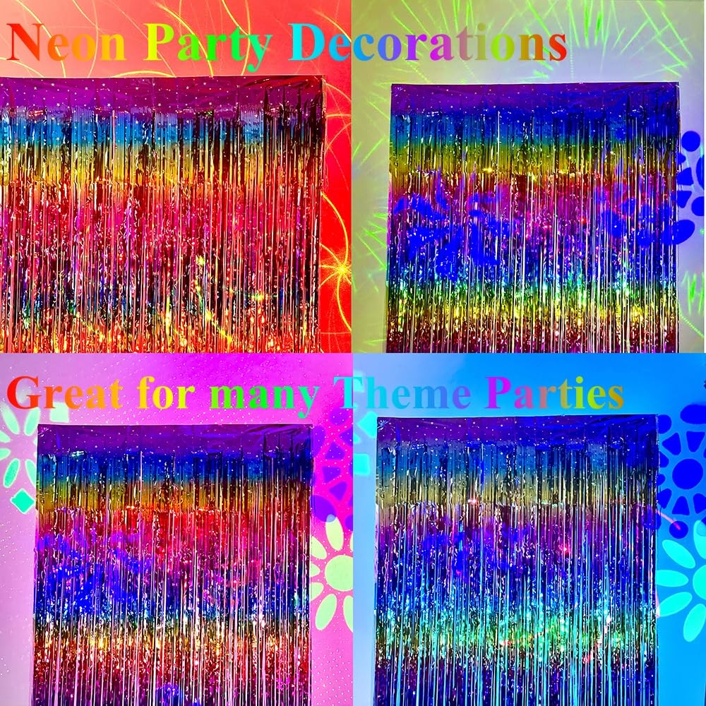 Sparkling Neon Rainbow Foil Fringe Curtain Backdrop Metallic Streamers Photo Booth Props for Birthday Bachelorette Gay Pride Day Graduation Wedding 80s 90s Disco Party Decorations- 2 Packs (3.3x6.6Ft)