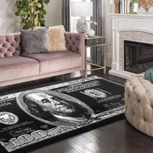 NITUMIR 4×6 Rug for Room Decoration Black and White Money Area Rugs Modern 100 Dollar Bill Rugs for Living Room Non-Slip Runner Rug for Bedroom Office Dining Room, Washable Cash Art Carpet 47”x71”