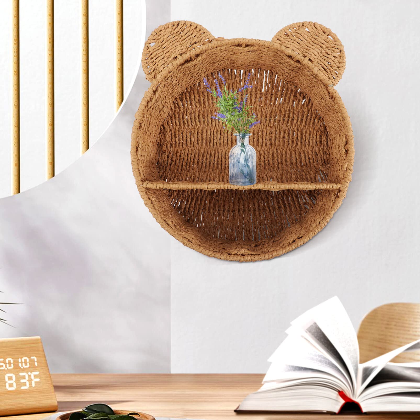 HOLIDYOYO Cat Rattan Storage Basket Cute Bear Shape Wall Hanging Shelf Wicker Nursery Shelf 2 Tier Decorative Shelf Boho Style Floating Shelf Plant Rack Divided Fruit Basket