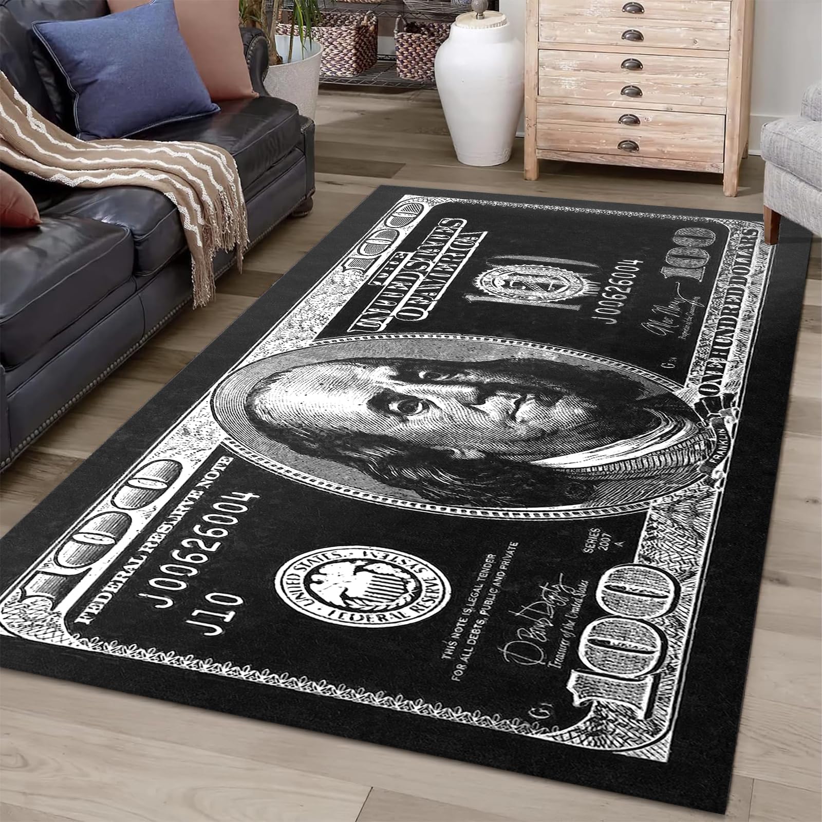 NITUMIR 4×6 Rug for Room Decoration Black and White Money Area Rugs Modern 100 Dollar Bill Rugs for Living Room Non-Slip Runner Rug for Bedroom Office Dining Room, Washable Cash Art Carpet 47”x71”