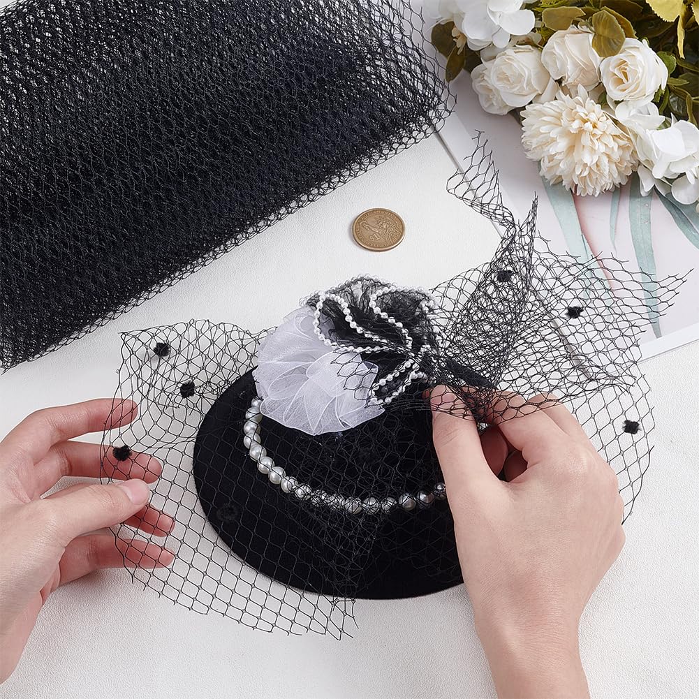 BENECREAT 3 Yard Black Net Mesh Fabric, 10 Inch Wide Nylon Bridal Veil Netting Fabric, Birdcage Veil Netting Fabric for Veil Making DIY Wedding Accessories Hat Brim Decoration, 0.2mm Thick