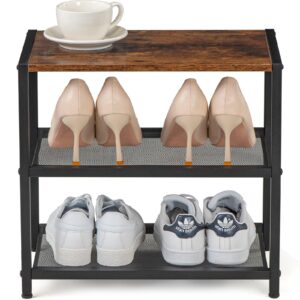 Aroktake Small Shoe Rack for Entryway, 3-Tier Metal Shoe Shelf, Free Standing Shoe Organizer for High Heels, Hallway, Closet, Bedroom, Living Room(Rustic Brown)