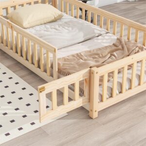 MWrouqfur Wooden Toddler Floor Bed Frame,Twin Size Montessori Bed Frame with Fence and Gate Door for Toddlers 1-3 Kids Girls Boys,House-Shaped Headboard (Natural, Twin)