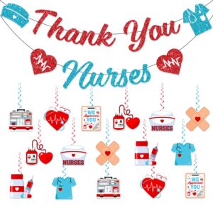 34pc nurse appreciation decorations, nurse party decorations include thank you nurse banner and 32pc happy nurses week decorations hanging swirls, medical party decorations for appreciation nurse