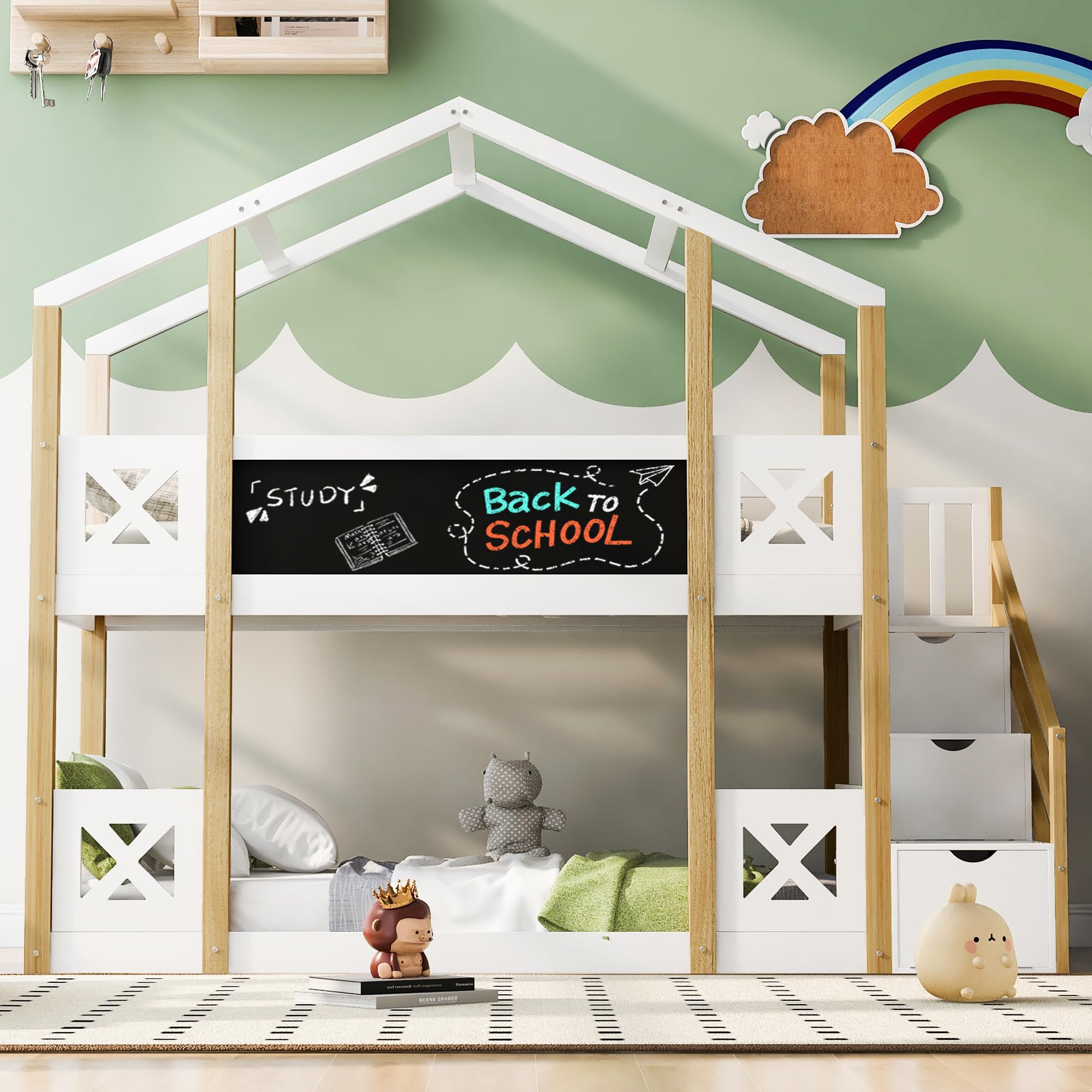 Harper & Bright Designs Twin Over Twin Floor Bunk Bed with Stairs, Wood House Bunk Bed Frame with Storage Staircase and Blackboards, for Kids Girls Boys, White and Natural