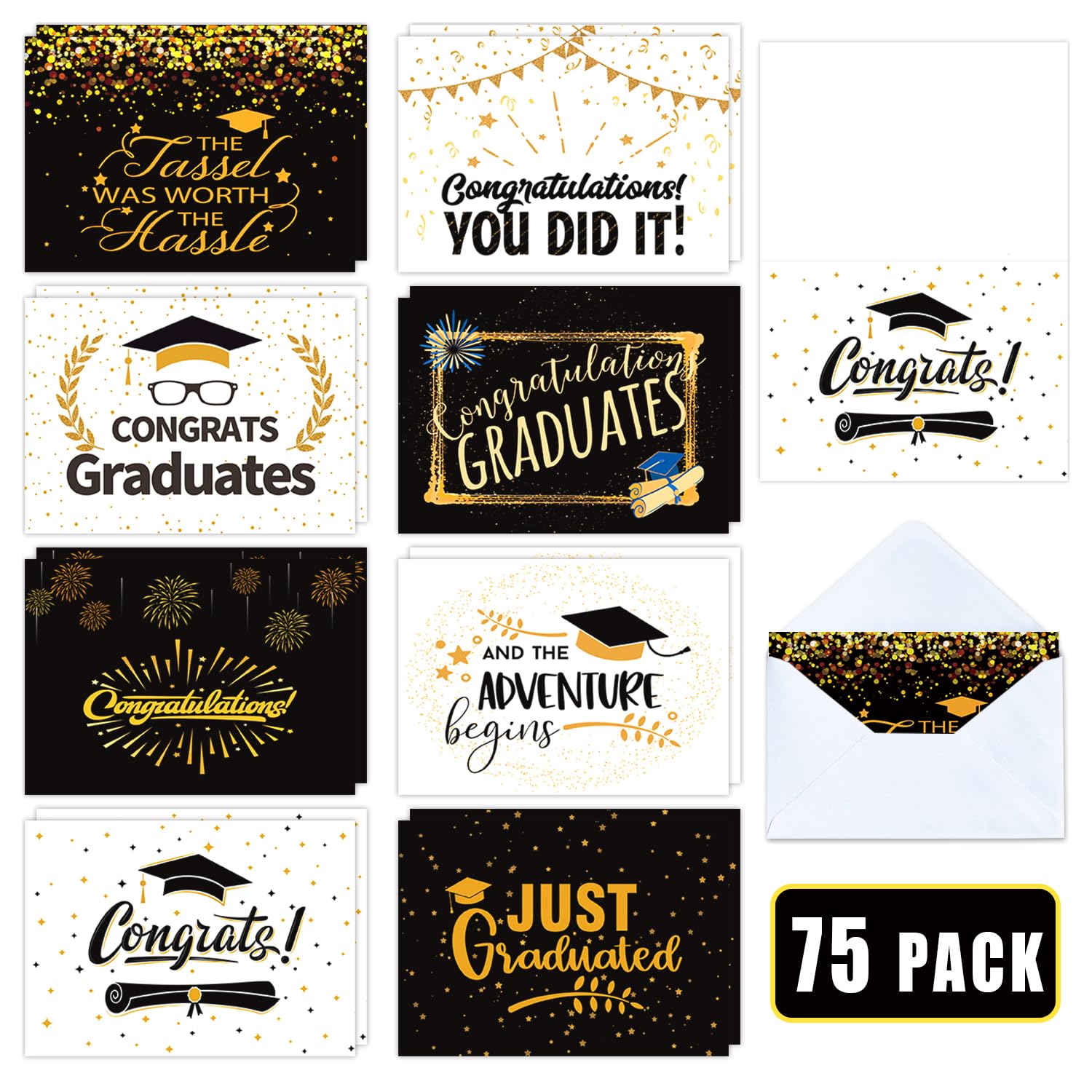 PARTYWIND 75 Pack Bulk Graduation Cards with Envelopes for Class of 2024 Decorations, Graduation Greeting Cards for Congratulations Party Supplies Favors, College/High School/Middle School Cards