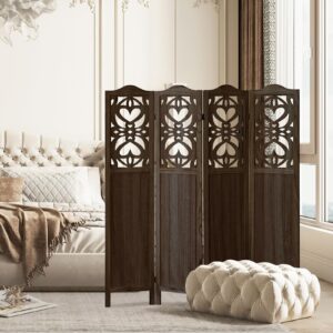 Leesinwing Room Divider, 4 Panel Room Divider, Tung Wood Room Divider Wall, Carved Vault Room Dividers, Rustic Minimalism Room Partition, 5.6Ft Room Dividers and Folding Privacy Screens, Dark Brown