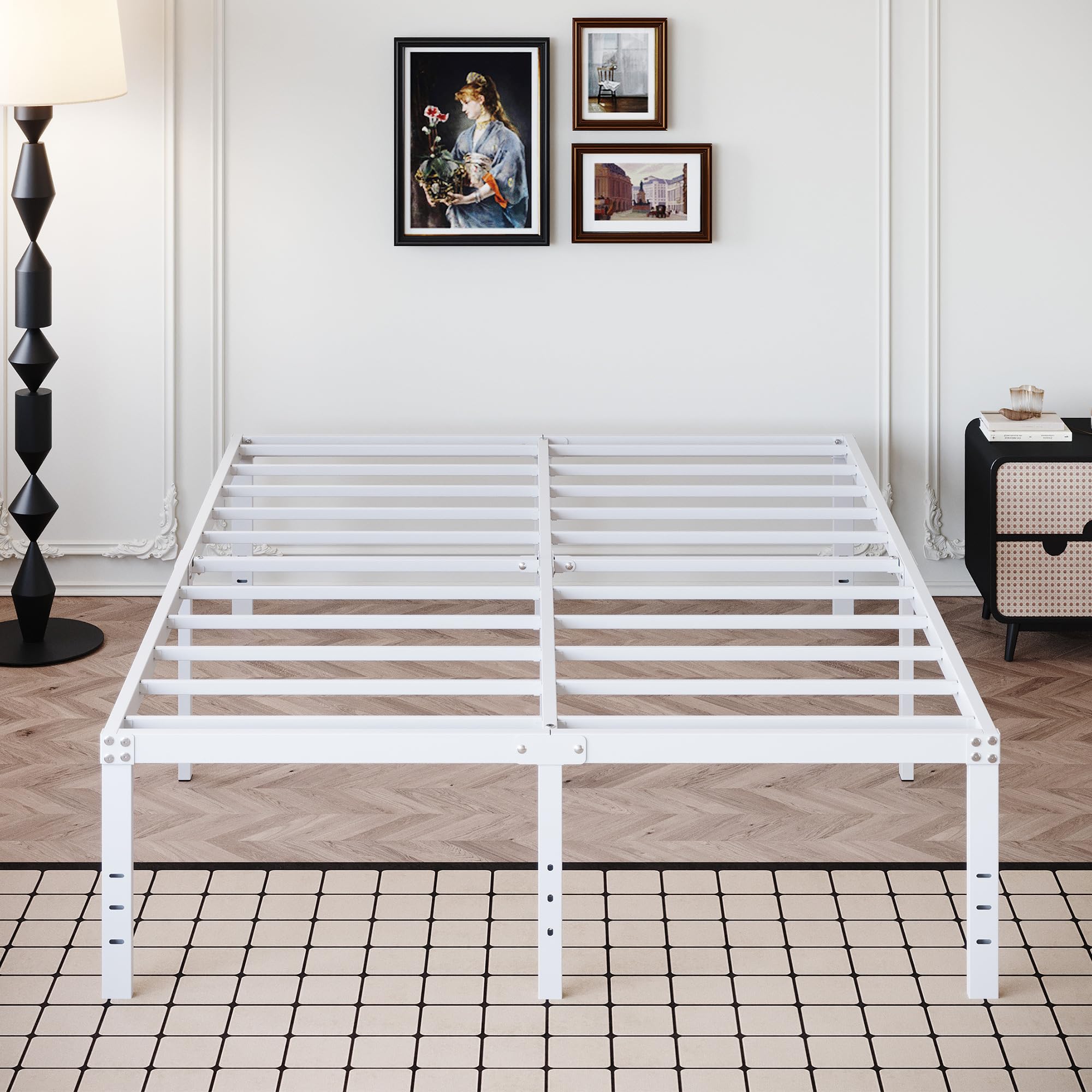 DiaOutro 18 Inch Queen Bed Frame Heavy Duty Metal Platform No Box Spring Needed, Maximum Storage, Easy Assembly, Noise Free, White