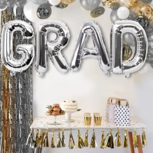 Biapian 40 Inch GRAD Balloons, Silver Letter GRAD Balloon, 4 Pcs Graduation Decorations, Large Silver Grad Balloon Banner, GRAD Party Balloons Foil for Class of 2024 Graduation Party Decorations