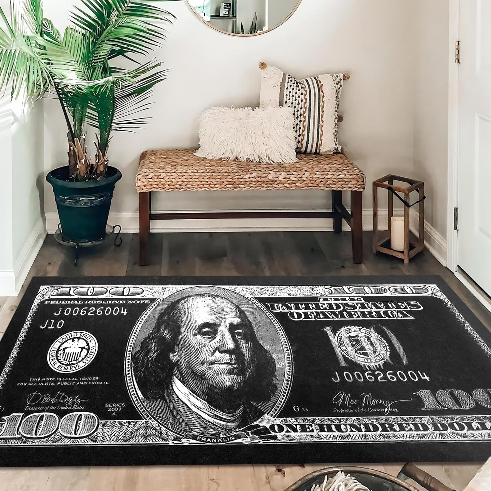 NITUMIR 4×6 Rug for Room Decoration Black and White Money Area Rugs Modern 100 Dollar Bill Rugs for Living Room Non-Slip Runner Rug for Bedroom Office Dining Room, Washable Cash Art Carpet 47”x71”