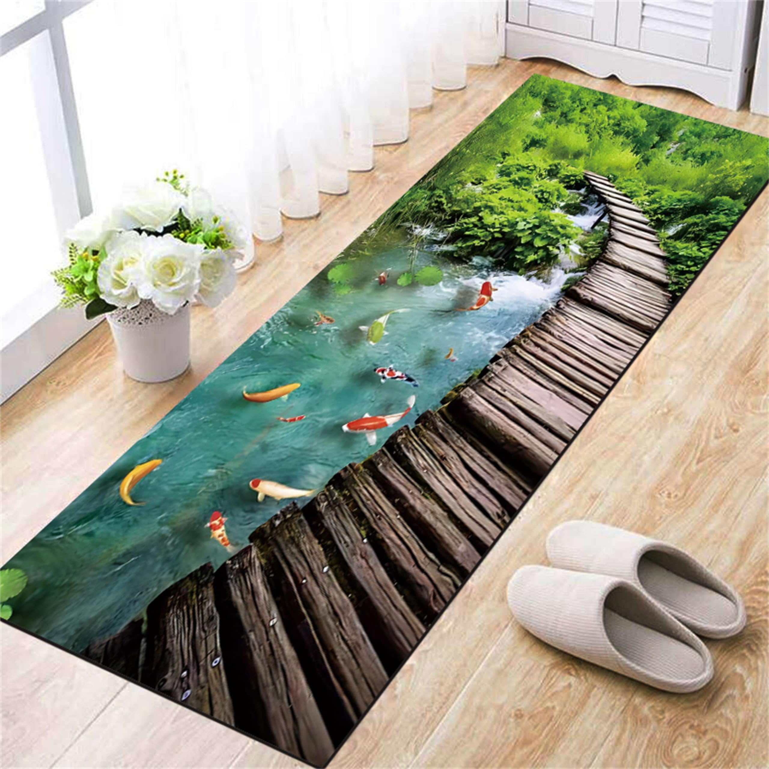 Houient 3D Optical Illusion Rug, 2.6x10ft, Modern Pastoral Style Fish Water Green Plant and Bridge Print Runner Carpet, Non-Slip Washable Low Thin Rug for Corridor Entryway Kitchen Bathroom Laundry