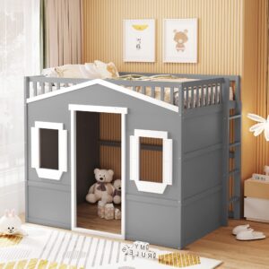 harper & bright designs house loft bed full size kids playhouse bed, solid wood loft bed frame with window and ladder, for girls boys (full size, gray+white)