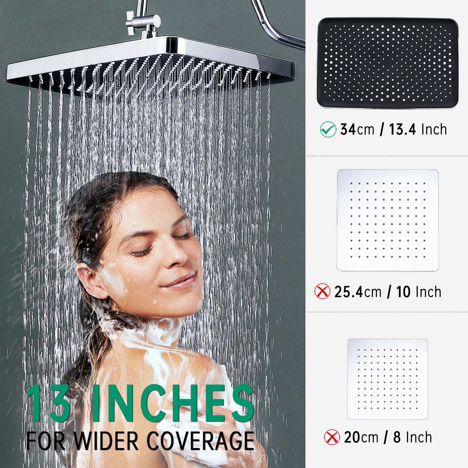 V-Frankness 13-Inch Shower Heads with Multi-Function Handheld Sprayer Combo, 3-Way Metal Extended Diverter with Holder and Metal Adjustable Curved Shower Extension Arm, Extra Long Hose Chrome