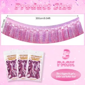 3 Pack×10Ft Pink Iridescent Foil Fringe Banner Party Decorations, Shiny Metallic Tinsel Streamers Hanging Garland Photo Booth Backdrop Wall for Wedding Birthday Bachelorette Party Supplies