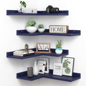 4 tier floating corner shelves navy blue set of 4, rustic pine wooden floating corner wall shelf for wall décor storage, l shaped corner shelf wall mount for bedroom, living room, bathroom, kitchen.