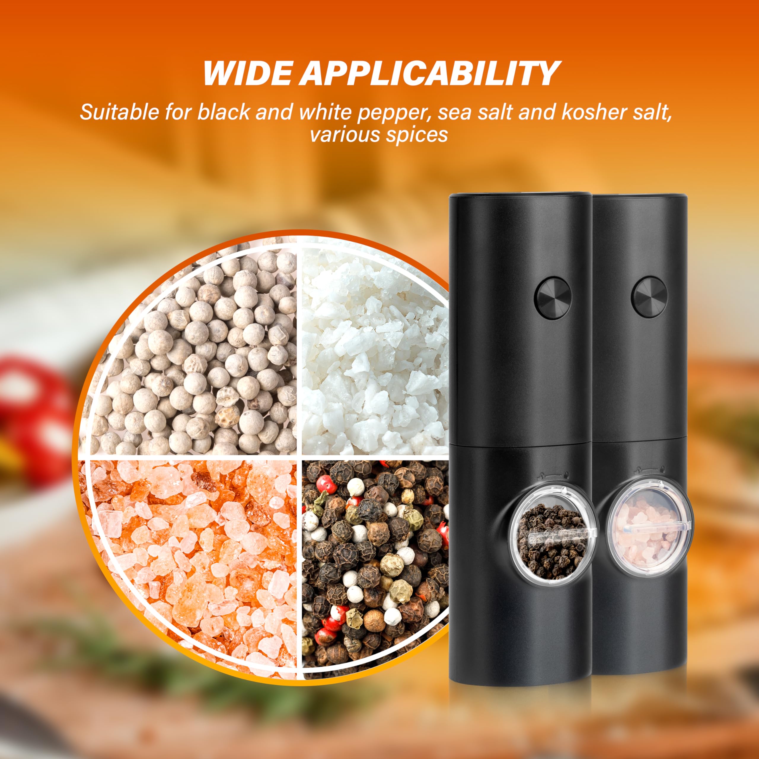 Electric Salt and Pepper Grinder Set (2 Pack), One Hand Adjustable Coarseness, Battery Powered with Stand, Seasoning Tools for Kitchen BBQ