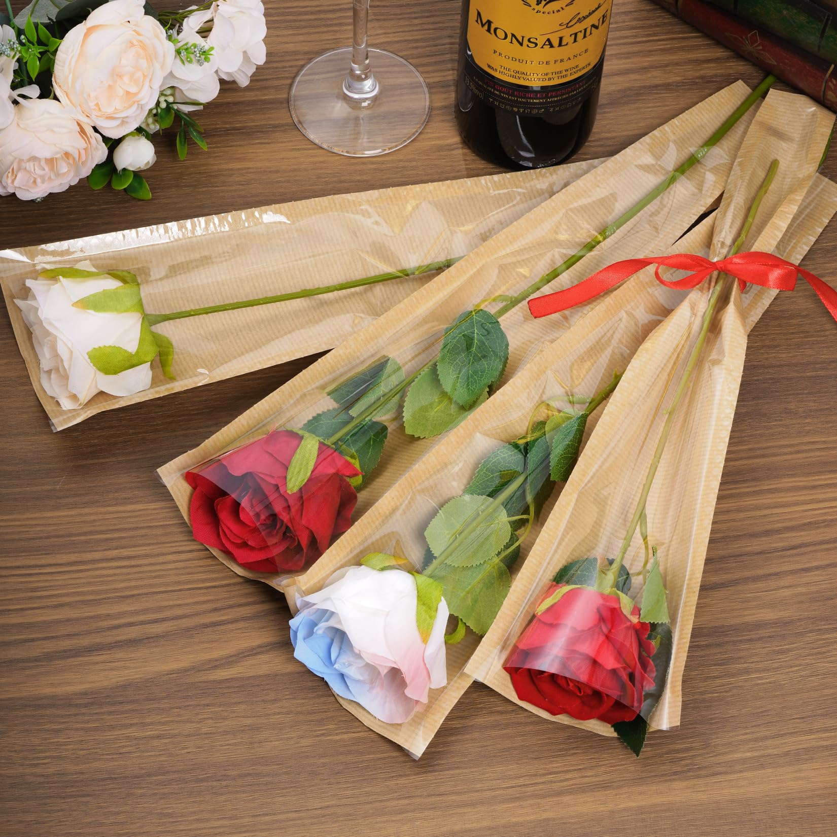 50Pcs Single Rose Sleeve Flower Wrapping Bags Kraft Paper Flower Wrapping Paper Single Floral Sleeves Flower Rose Bouquet Wrapping Sleeves Flower Wrap Bags for Mother's Day Wedding Bouquet Valentine's Gifts (Brown, 5x15.75in)