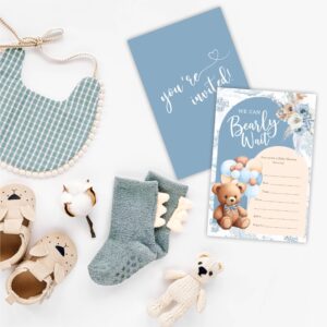 We Can Bearly Wait Baby Shower Invitation, 20 Blue Boho Floral & Bear Balloon Fill-In Invites With Envelopes, For Boys And Girls Baby Announcement, Gender Reveal Party Supplies & Decorations - B03