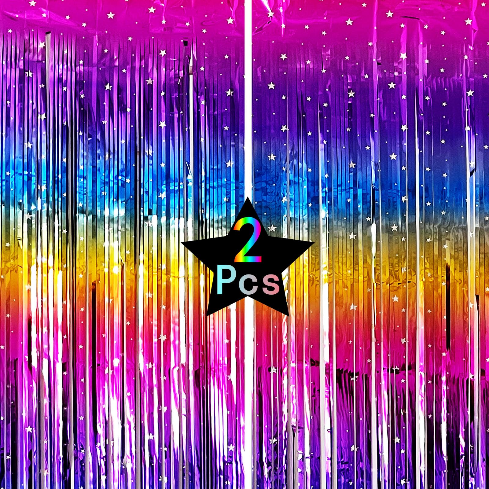 Sparkling Neon Rainbow Foil Fringe Curtain Backdrop Metallic Streamers Photo Booth Props for Birthday Bachelorette Gay Pride Day Graduation Wedding 80s 90s Disco Party Decorations- 2 Packs (3.3x6.6Ft)