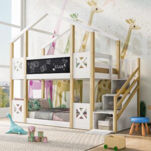 Harper & Bright Designs Twin Over Twin Floor Bunk Bed with Stairs, Wood House Bunk Bed Frame with Storage Staircase and Blackboards, for Kids Girls Boys, White and Natural