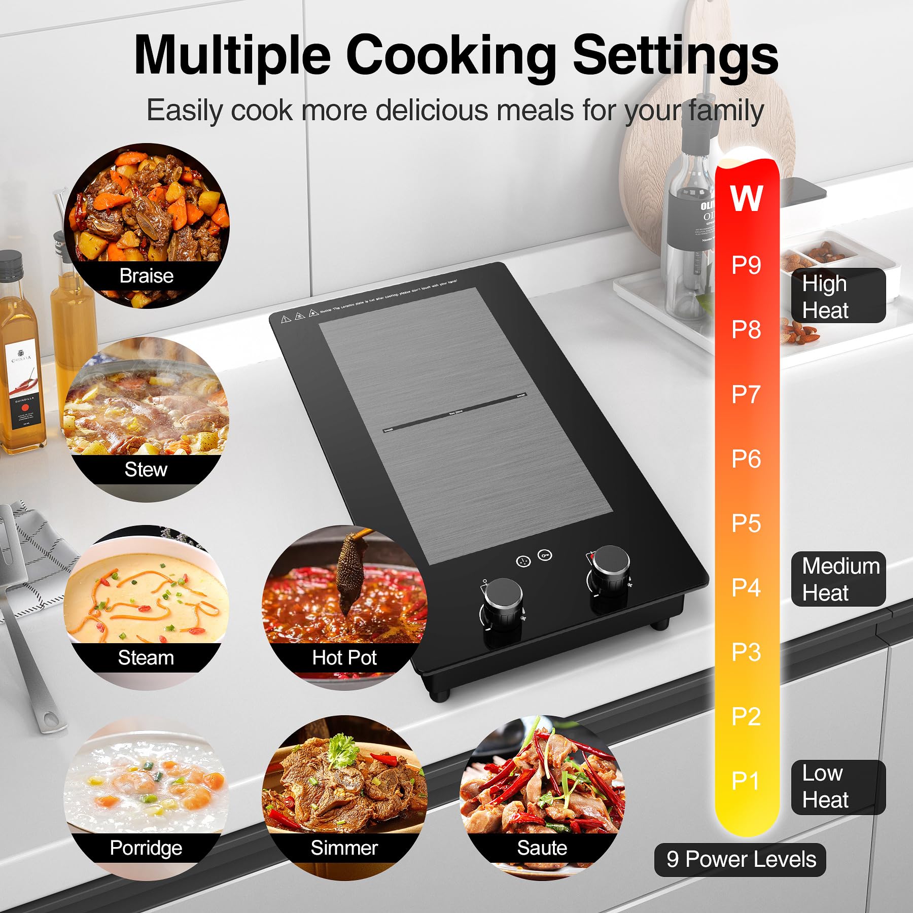 VBGK Double Induction Cooktop, Induction Hot Plate 12 inch 3000W, Induction stove top with Rotary &Touch Control,110V 2 Burner Induction Cooktop with 9 Levels Settings, Child Safety Lock & Timer