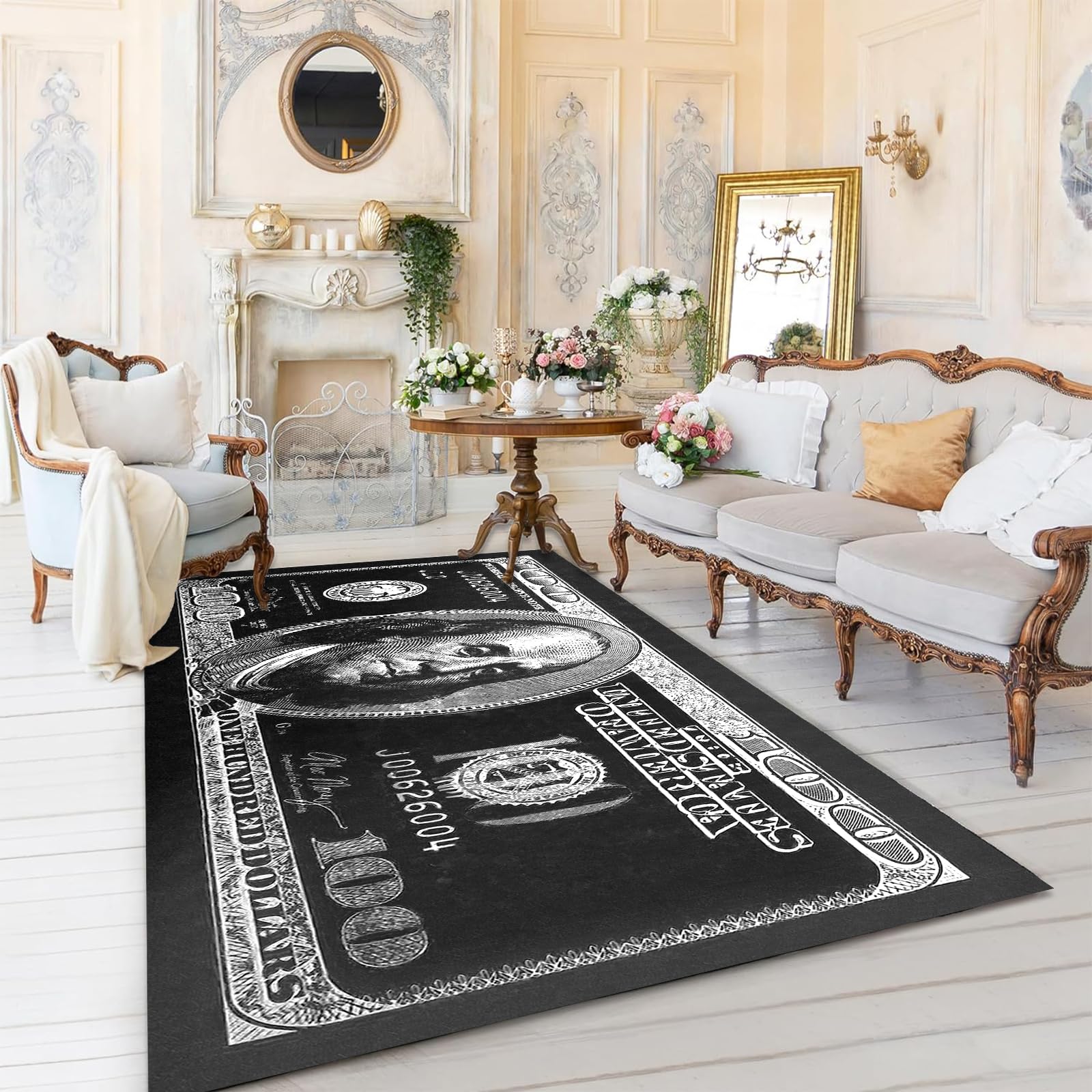 NITUMIR 4×6 Rug for Room Decoration Black and White Money Area Rugs Modern 100 Dollar Bill Rugs for Living Room Non-Slip Runner Rug for Bedroom Office Dining Room, Washable Cash Art Carpet 47”x71”