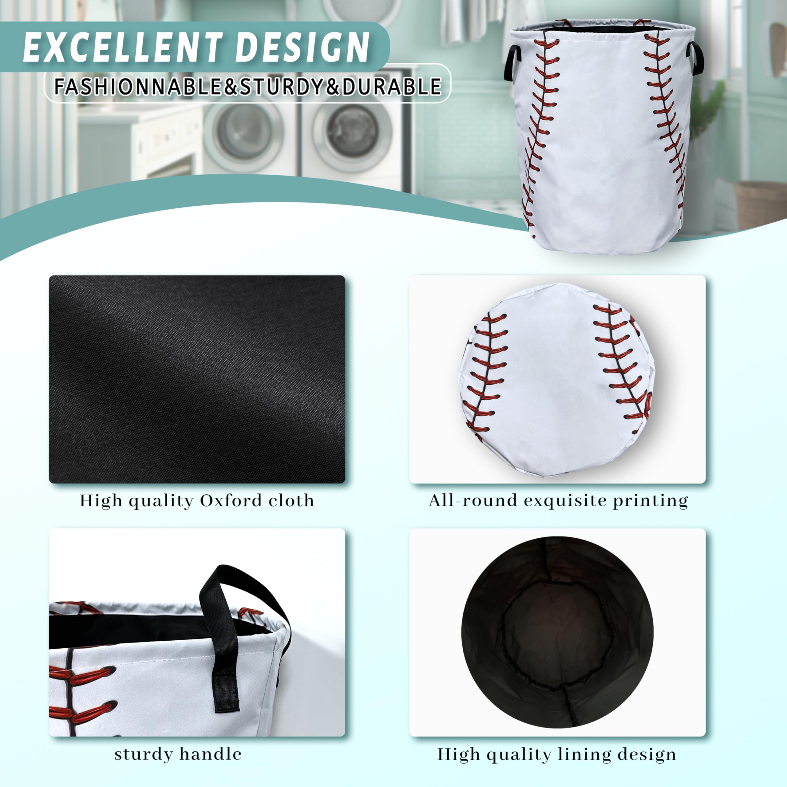 Baseball Texture Pattern Laundry Basket Foldable With Handles Tote Bag Oxford Cloth Funny Laundry Hamper Clothes Storage Bucket Toy Organizer 18.9" x 16.5" For Bathroom/Laundry/Bedroom