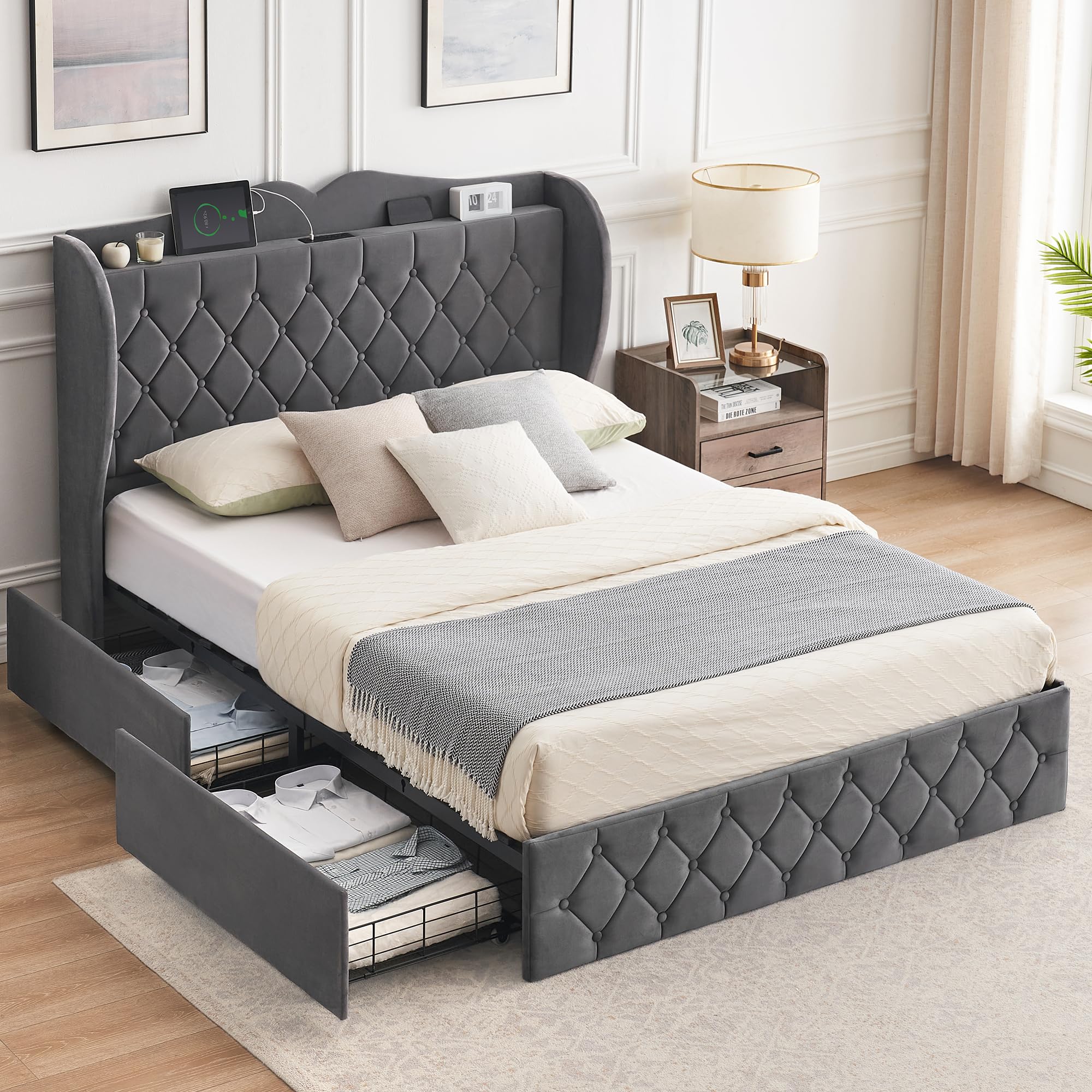 GAOMON Queen Size Bed Frame with 4 Storage Drawers and Charging Station, Velvet Upholstered Platform Bed with Tall Headboard and Storage Shelf, Wooden Slats Support, No Box Spring Needed, Light Grey