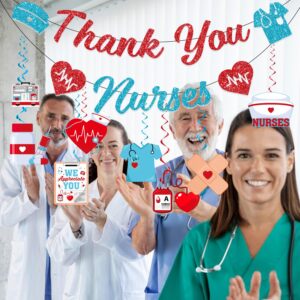 34Pc Nurse Appreciation Decorations, Nurse Party Decorations include Thank You Nurse Banner and 32Pc Happy Nurses Week Decorations Hanging Swirls, Medical Party Decorations for Appreciation Nurse